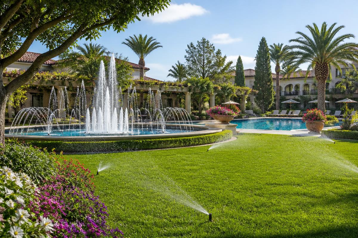 Resort landscape with fountain and lawn sprinklers