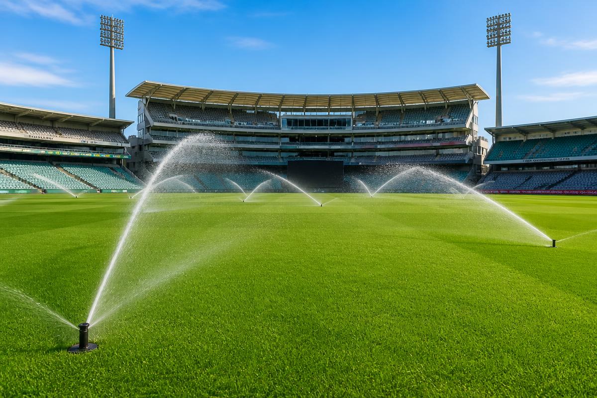 Cricket ground with automatic sprinklers